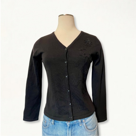 Vintage 90s Black Classic 100% Merino Wool Knit Cardigan Sweater + Floral Beaded - Picture 1 of 9
